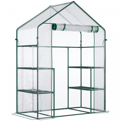 Outsunny 3-tier Mini Greenhouse, Walk-in Greenhouse, Garden Hot House With 4 Shelves, Roll-up Door A|Outsunny Mini Serre 56" X 29" X 77", Serre De Jardin Avec 4 Etageres, Porte Enroulable Et Couverture