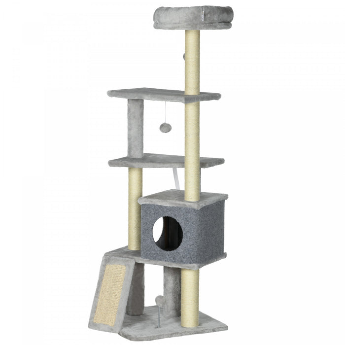 Pawhut Arbre A Chat De 57.5\" Avec Griffoirs, Grande Tour Pour Chats D'interieur Avec Lit, Maison, Jouets, Gris