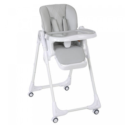 Qaba Baby High Chair, Foldable Dining Booster Seat with Adjustable Seat Height, Backrest, Footrest and Tray, Removable Double Tray, Wheels for Babies 6-36 Months, Light Grey