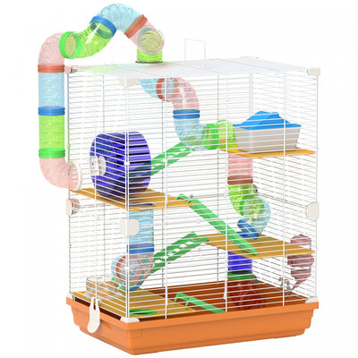 Pawhut 5 Tiers Hamster Cage Portable Animal Travel Carrier Habitat With Exercise Wheels Play Tube Wa|Pawhut Cage A Hamster A 5 Niveaux Portable Pour Animaux De Compagnie Avec Roues D'exercice, Tube De