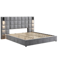  Lit Ethan en Velours a Plateforme avec Tete de Lit a Motif Grille et Ports USB, Taille Queen - Gris