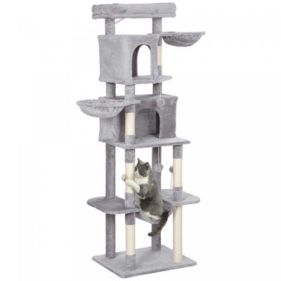 PawHut Cat Tree, 69" Cat Tower for Indoor Kittens, Multi-Level Tower with 2 Condos, Scratching Posts, 2 Hammocks, Perches, Pompoms for Multiple Kitties, Light Grey