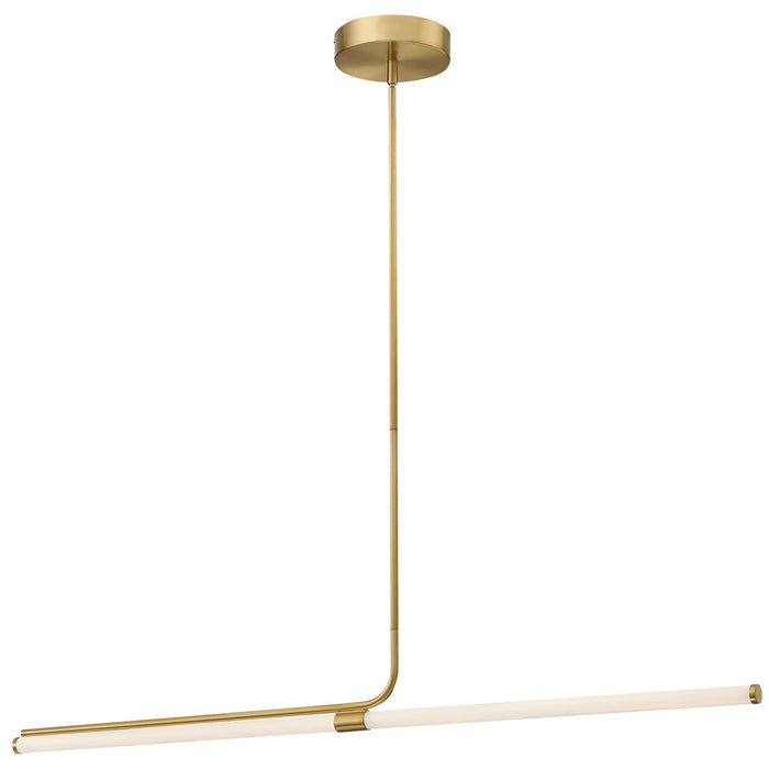 Luminaire suspendu horizontal Corvette de Dainolite en acrylique blanc qui diffuse la lumière, avec fini laiton vieilli et ampoule de 24 W