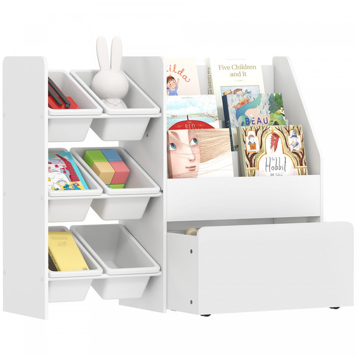Qaba Etagere et Rangement de Jouets pour Enfants, Bibliotheque a 3 Niveaux avec 6 Bacs Amovibles, Organisateur de Jouets Montessori pour Chambre d'Enfants, Blanc
