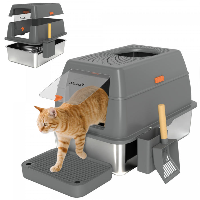 80L Stainless Steel Cat Litter Box with Lid, Trapping Step