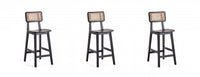 Tabouret de comptoir industriel chic Versailles avec dossier en cannage, bois noir et naturel - Lot de 3