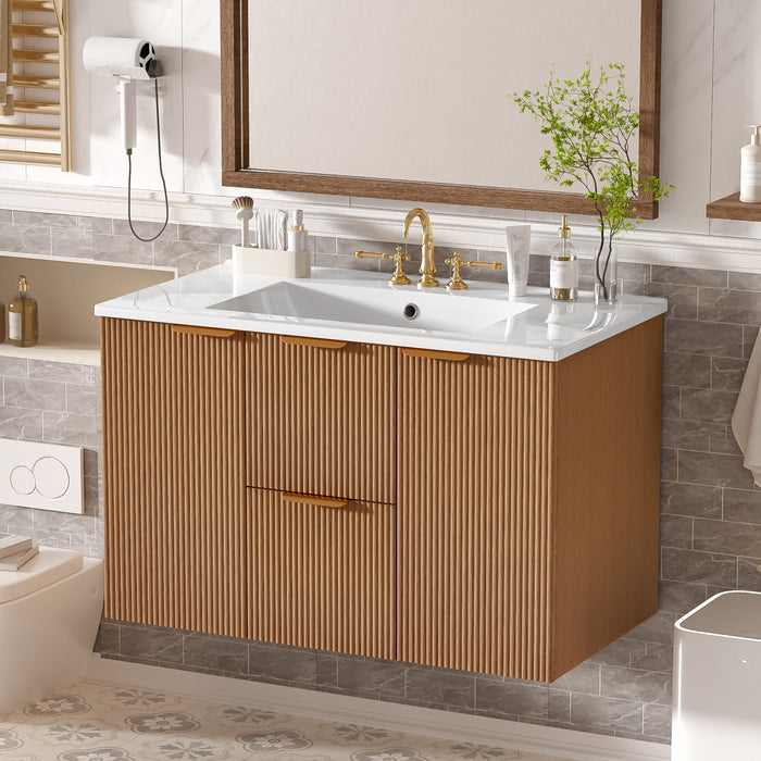 Aiden meuble de salle de bain mural 36 pouces avec rangement a fermeture douce et vasque en ceramique, bois