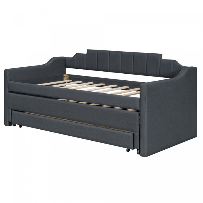 Hogan – Lit De Jour Rembourre En Tissu Aspect Lin Avec Lit Gigogne Et Tiroirs De Rangement, Format Simple, Gris
