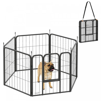PawHut 6 Panels Dog Playpen, 22"W x 24"H Heavy Duty Pet Fence with Door & Strap for Indoor Outdoor Backyard Garden, Portable & Foldable Puppy Pet Pen for Small Dogs