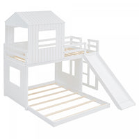  Lit Superpose Marico En Bois Massif, Taille Simple En Haut Et Double En Bas, Avec Toboggan, Design Maison De Jeu - Blanc