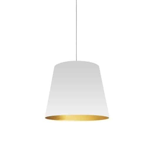 Petit luminaire suspendu de Dainolite avec très grand abat-jour cylindrique blanc et doré, et 1 ampoule