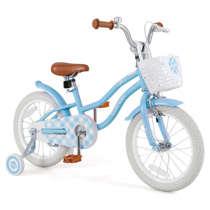 Costway 16\" Enfants Velo Tout-petit Velo Reglable Avec Roue D'entrainement Pour 4-7 Ans Fille Bleue