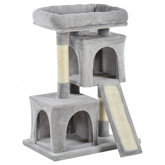 Pawhut Tour D'arbre A Chat En Peluche Centre D'activites Avec Poteau A Gratter En Sisal Planche A Gratter Condo Gris Clair