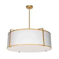 Luminaire suspendu Trapezoid de Dainolite avec abat-jour cylindrique doré et blanc qui diffuse la lumière, tissu blanc, fini doré et 4 ampoules
