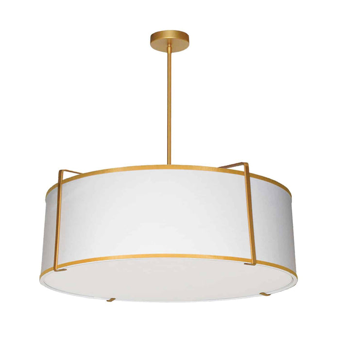 Luminaire suspendu Trapezoid de Dainolite avec abat-jour cylindrique doré et blanc qui diffuse la lumière, tissu blanc, fini doré et 4 ampoules