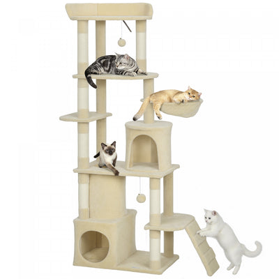 PawHut Cat Tree, 67" Large Cat Tower for Indoor Kittens Multi-Level with 7 Scratching Posts, Tunnel, 2 Plush Condos, Hammock, Perch, Ramp, Pompoms, Beige
