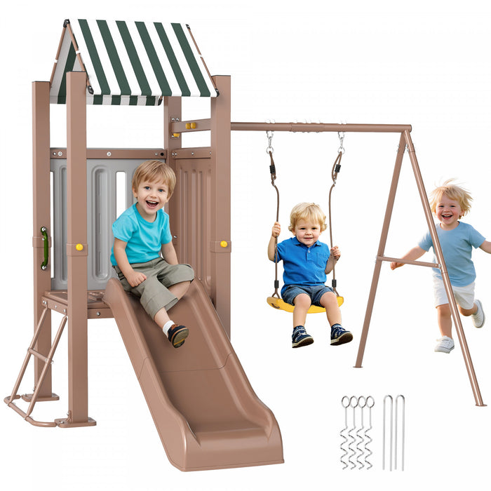 Qaba Ensemble de balancoires pour enfants 3 en 1 avec toboggan, ensemble de balancoires avec fort couvert, piquets de sol, ensemble de jeu pour enfants de 3 a 8 ans, marron