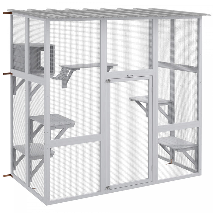 Pawhut Catio Enclos D'exterieur Pour Chat En Bois Avec Toit Resistant Aux Intemperies, Pont, Boite De Repos, Plates-formes Pour 2 Chatons, Blanc