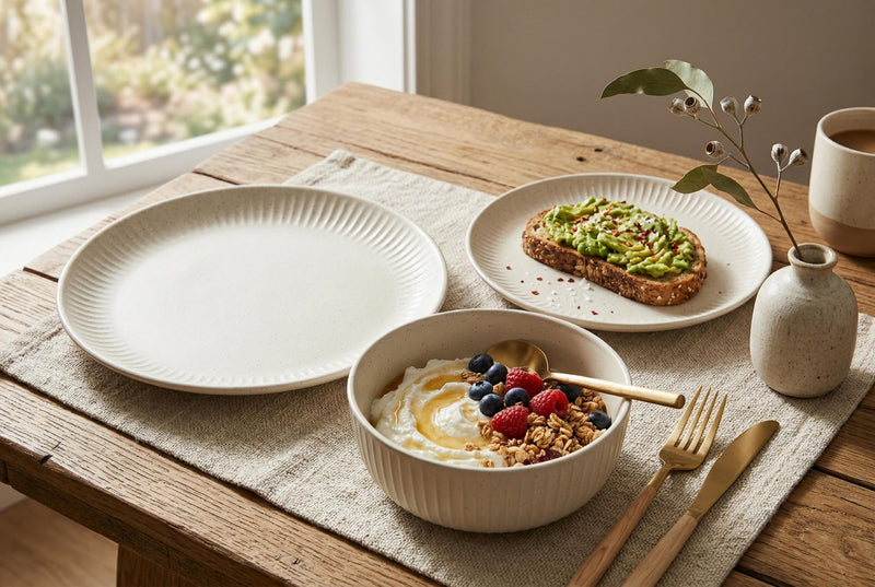 Ensemble de Vaisselle H2K Sesame 12 Morceaux en Gres Texture