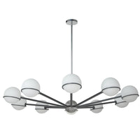 Lustre Sofia de Dainolite en verre blanc opale, avec fini noir mat et chromé poli et 10 ampoules