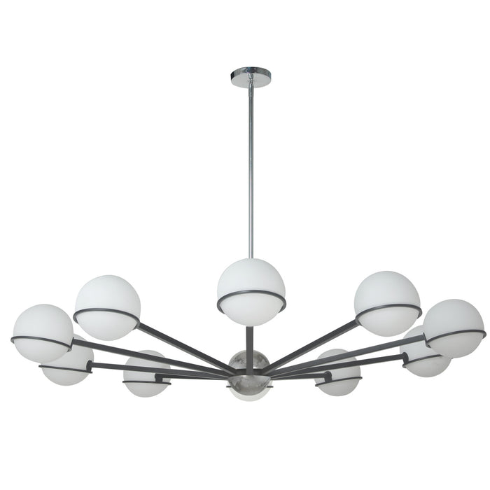 Lustre Sofia de Dainolite en verre blanc opale, avec fini noir mat et chromé poli et 10 ampoules