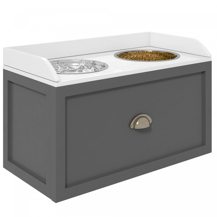 Pawhut Grandes Gamelles Surelevees Pour Chien Avec Tiroir De Rangement D'une Capacite De 21 L, Station D'alimentation Surelevee Pour Animaux De Compagnie Avec 2 Gamelles En Acier Inoxydable, Gris