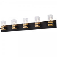 Lumière de coiffeuse Veronica de Dainolite en verre transparent, avec fini noir mat et laiton vieilli et 5 ampoules