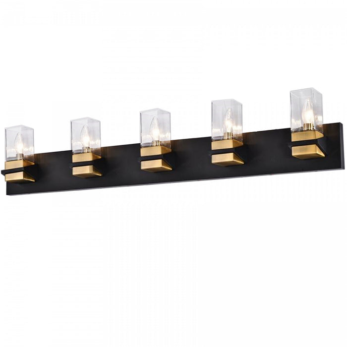 Lumière de coiffeuse Veronica de Dainolite en verre transparent, avec fini noir mat et laiton vieilli et 5 ampoules
