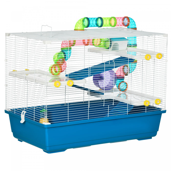 Pawhut Grande Cage Pour Hamster De 31 Cm, Maison Pour Petits Animaux, Refuge Pour Gerbilles A Plusieurs Etages, Systeme De Tube Tunnel, Avec Bouteille D'eau, Roue D'exercice, Plat De Nourriture