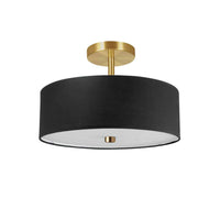 Plafonnier semi-affleuré Everly de Dainolite avec abat-jour noir, fini laiton vieilli et 3 ampoules