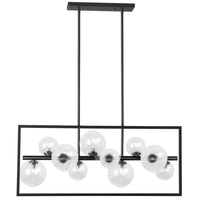 Luminaire suspendu horizontal Glasgow de Dainolite en verre transparent, avec cadre carré, fini noir mat et 10 ampoules