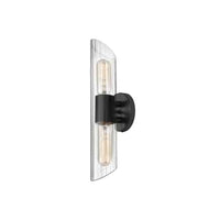 Petite lumière de coiffeuse Samantha de Dainolite en verre cannelé transparent, avec fini noir mat et 2 ampoules