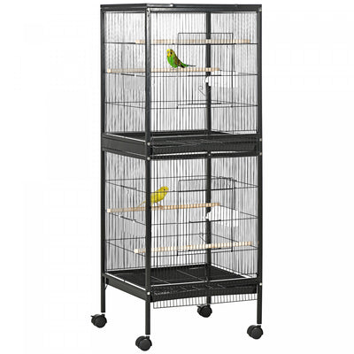 Pawhut 55.1" 2 In 1 Bird Cage Aviary Parakeet House For Finches, Budgies With Wheels, Slide-out Tray|Pawhut 55.1" 2 En 1 Cage A Oiseaux Voliere Perruche Maison Pour Pinsons, Perruches Avec Roues, Plate