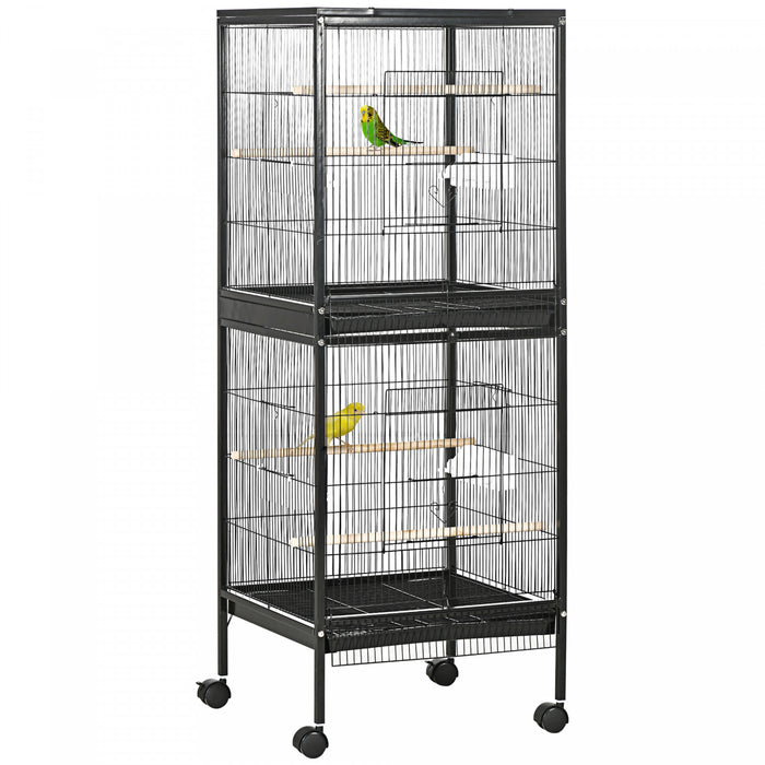 Pawhut 55.1\" 2 En 1 Cage A Oiseaux Voliere Perruche Maison Pour Pinsons, Perruches Avec Roues, Plateaux Coulissants, Perchoir En Bois, Recipients Alimentaires, Noir