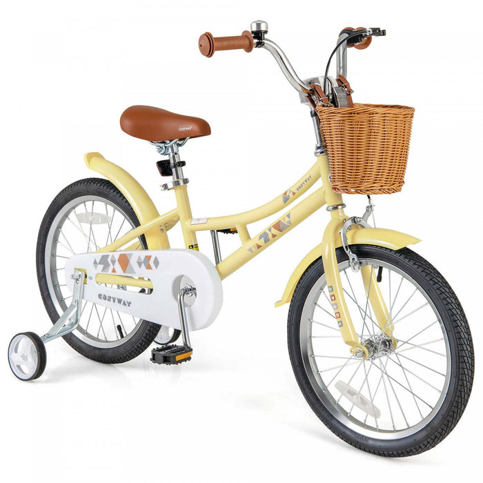 Costway 18\" Velo Enfants Avec Guidon Reglable En Hauteur Siege Panier Cloche Roues D'entrainement Jaune