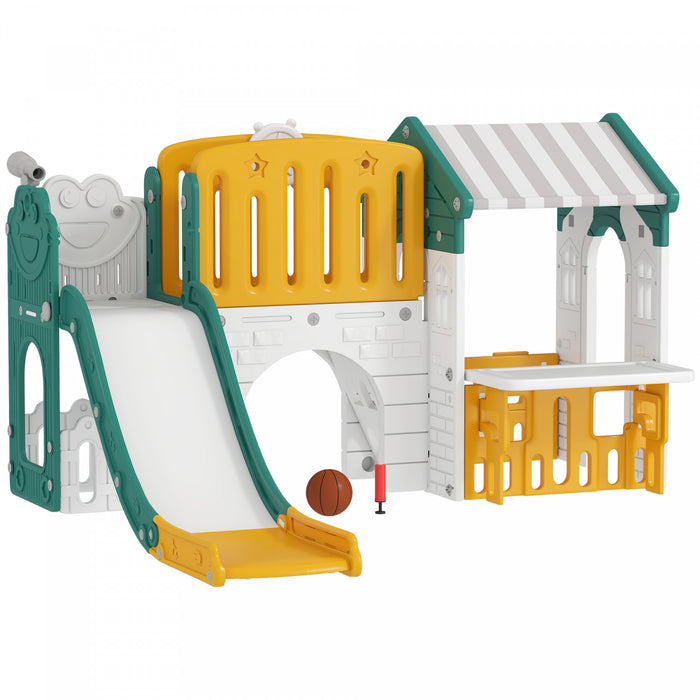 Qaba Toboggan 7 en 1 pour tout-petits avec maisonnette, toboggan d'escalade pour enfants avec panier de basket et tunnel pour jeux d'interieur de 1 a 4 ans, jaune
