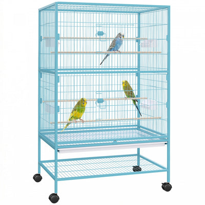 PawHut 52" Large Steel Bird Cage for Parrot Budgie Cockatiels African Grey Parakeets Pigeons with Rolling Stand, Storage Shelf, Wood Perch, Food Container, Light Blue
