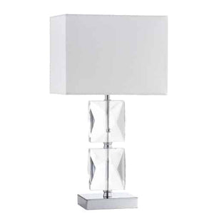 Lampe de table Crystal de Dainolite en cristal de forme carrée, avec abat-jour blanc, fini chromé poli et 1 ampoule