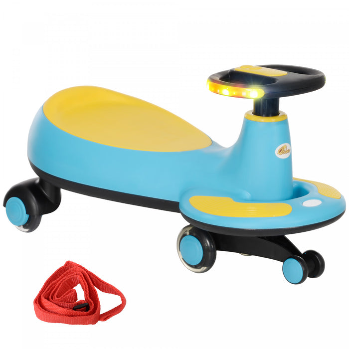 Qaba Voiture Pour Enfants De 2 A 6 Ans, Avec Corde De Traction Pour Les Parents, Musique, Lumiere, Voiture Sans Piles, Mouvement De Torsion Pour Diriger, Bleu