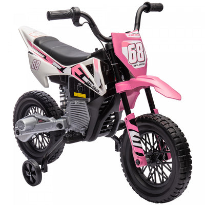 Qaba Kids Dirt Bike with Twist Grip Throttle, 12V Electric Motorcycle, Electric Bike with Training Wheels, Spring Suspension & Music, for Toddler 3-6 Years, Pink