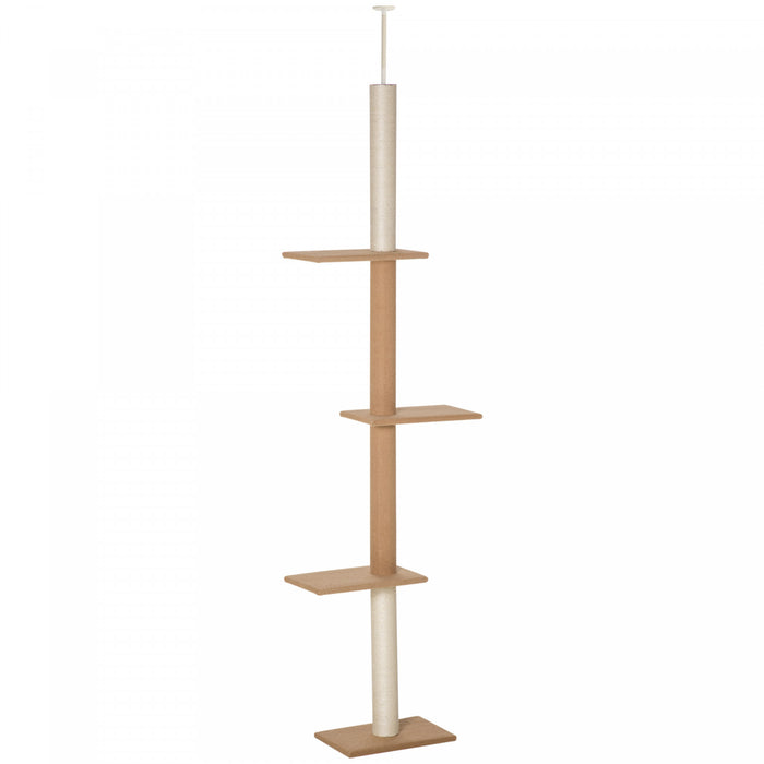 Pawhut 100\" Arbre A Chat Du Sol Au Plafond Avec 3 Perchoirs Centre D'activites Pour Chatons, Marron