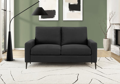 Upholstered Love Seat, 58" L, Black Fabric, Black Metal Legs, Modern Loveseat | Causeuse Rembourre, 58" L, Tissu Noir, Pieds En Metal Noir, Moderne