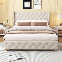 Lit plateforme en lin Haley avec tete de lit a ailes classiques et capitonnage en diamant, taille Full, beige