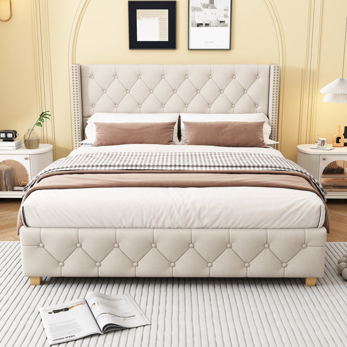 Lit plateforme en lin Haley avec tete de lit a ailes classiques et capitonnage en diamant, taille Full, beige