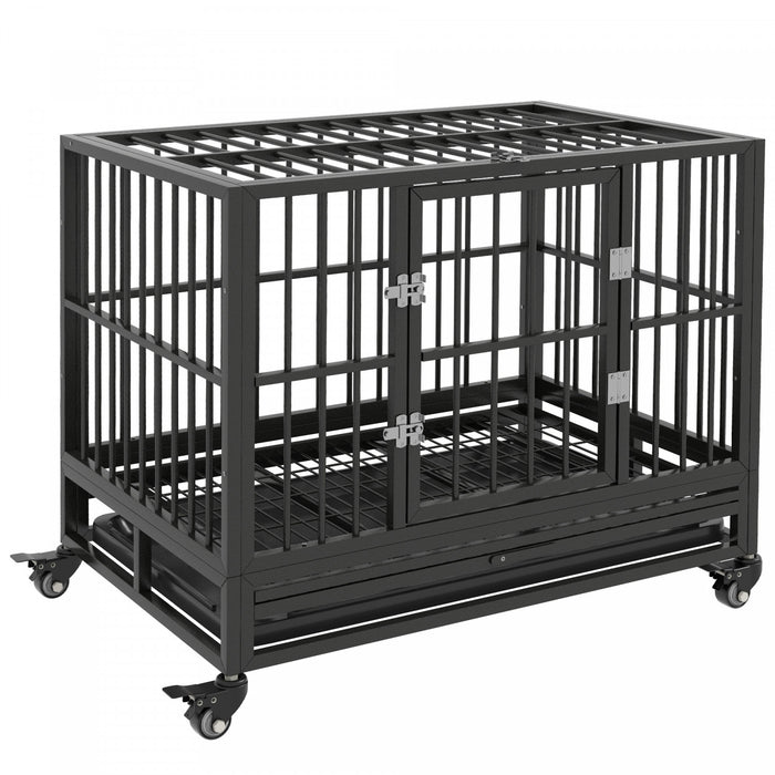 Cage Pour Chien Pawhut En Acier Robuste, Cage Pour Animal De Compagnie Avec Roulettes Pour Une Portabilite Optimale Et Une Porte Pour Un Acces Facile, Sol Anti-pincement, 91 Cm (l) X 62 Cm (l) X 78 Cm (h), Gris