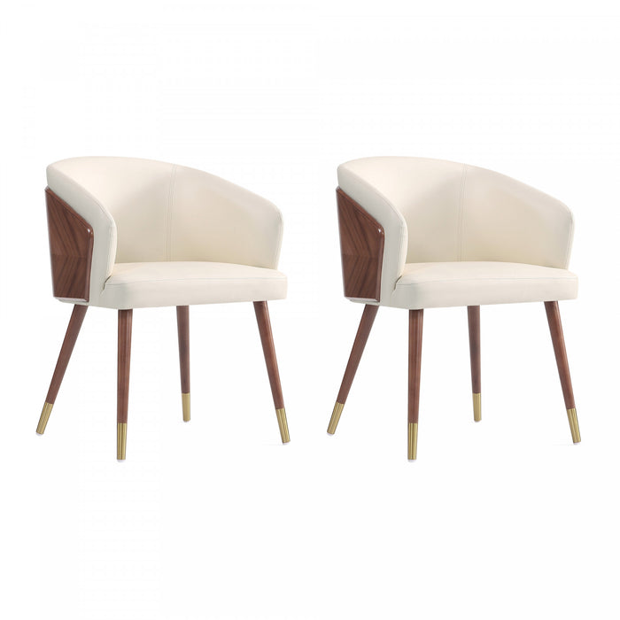 Chaise de salle a manger moderne en bois et cuir vegetalien Reeva en creme - Lot de 2