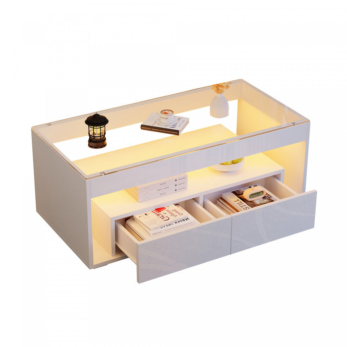 Emily table basse avec eclairage LED et rangement ouvert, blanc