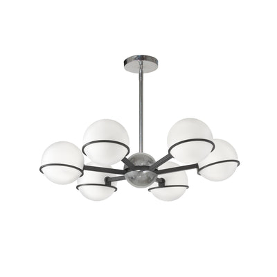 Dainolite Sofia 6 Light Chandelier Matte Black/Polished Chrome White Opal Glass Lamp|Lustre Sofia de Dainolite en verre blanc opale, avec fini noir mat et chromé poli et 6 ampoules