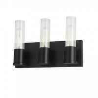 Lumière de coiffeuse Tube de Dainolite en verre cannelé transparent, avec fini noir mat et 3 ampoules
