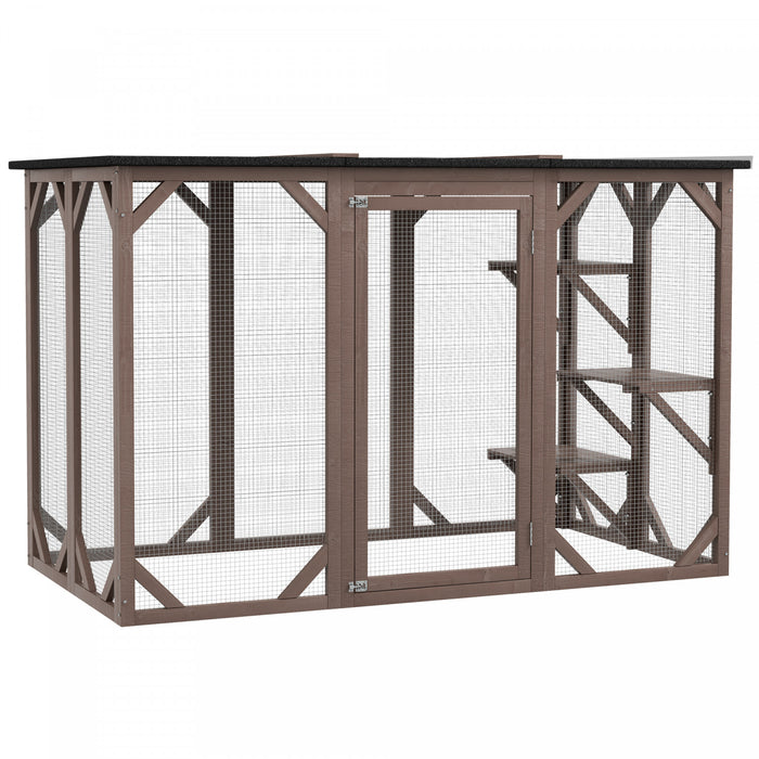 Pawhut Cage Pour Chat Maison D'exterieur En Bois Pour Chat Cage Interieure Avec Toit En Asphalte, Plateformes A Plusieurs Niveaux Et Grande Porte D'entree - 71\"l, Marron